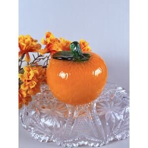 Art Glass Fruit Orange Murano Style Two Toned Green Leaves Vintage Handblown